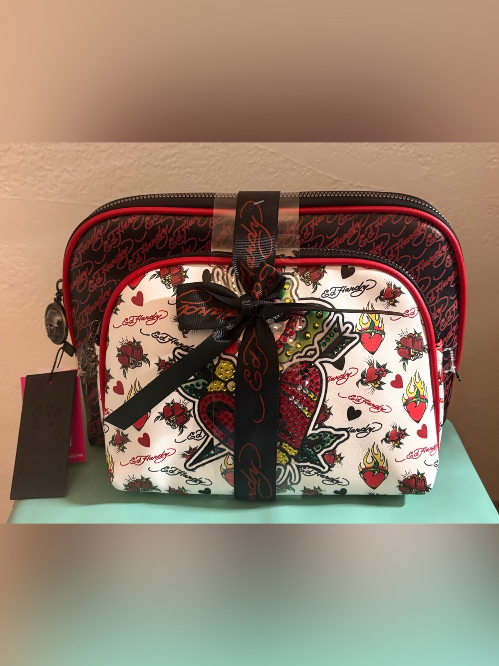 Ed Hardy White & Red Studded Heart Cosmetic Pouch Set